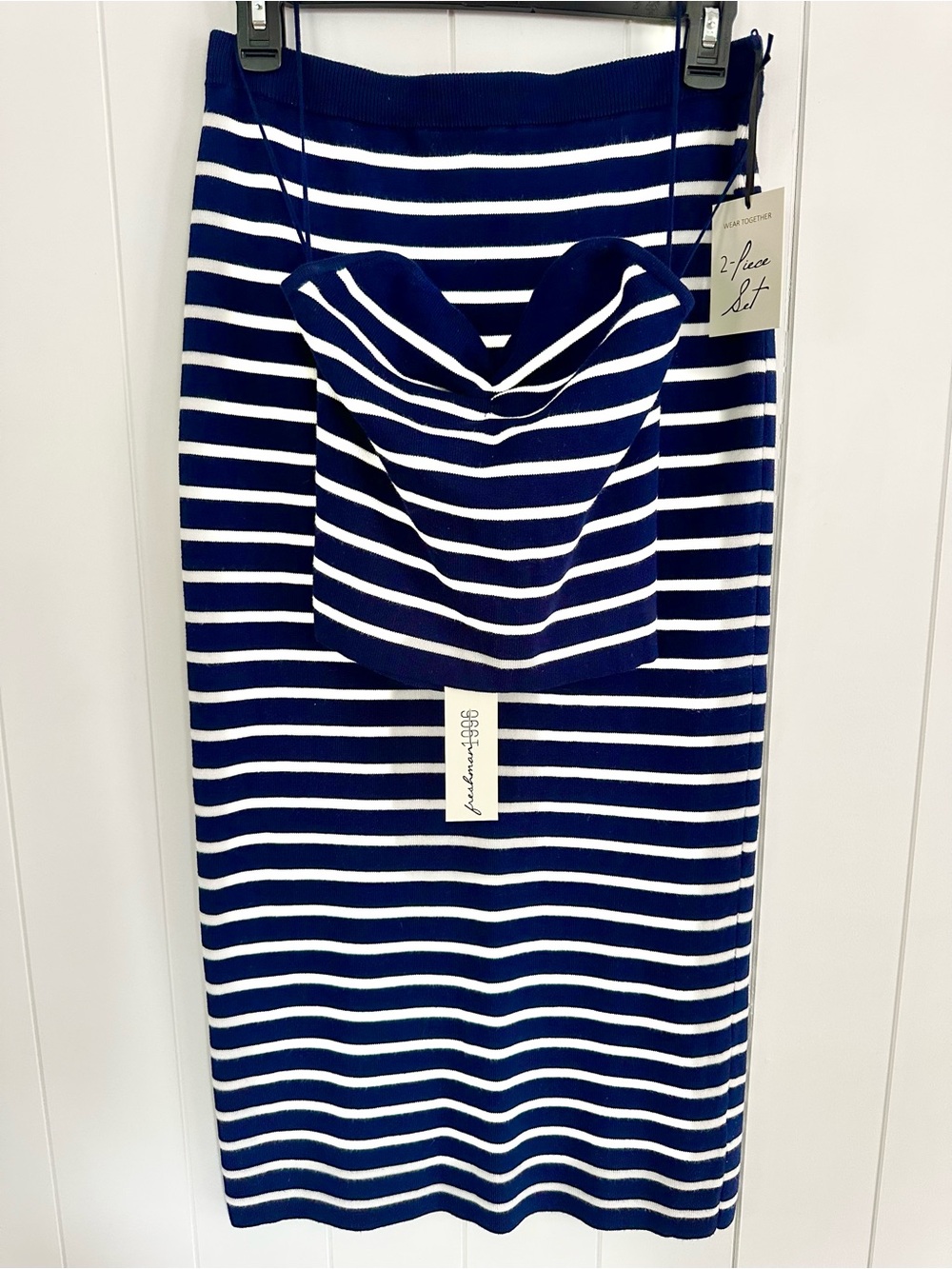 NWT Freshman 1999 two piece set of navy blue & white striped pencil skirt & top